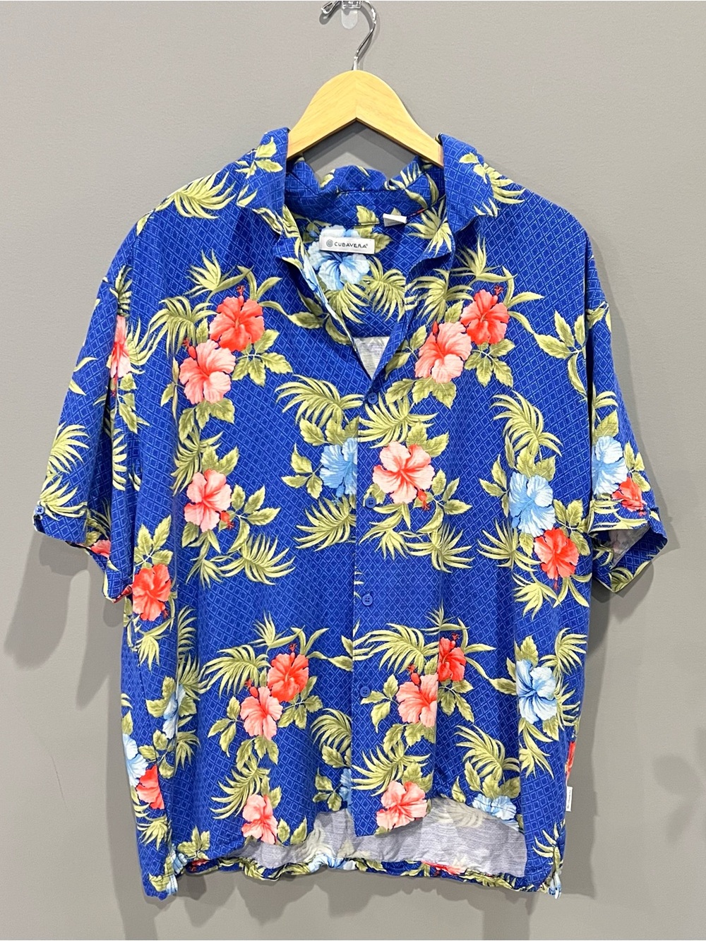 Cubavera Men’s XL Blue Tropical Floral Geo Print Short Sleeve Camp Shirt